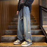 Teenage boys' trendy stretch waist jeans for men, spring-autumn style, loose straight wide-leg high street American-style trousers