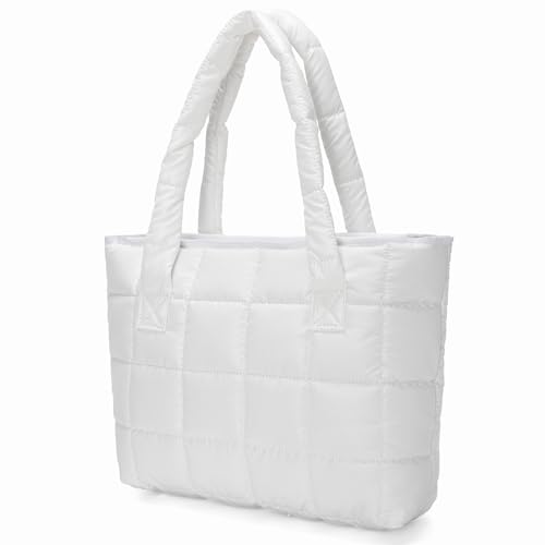 Puffer Tote Bag Lightweight Quilted Puffy Tote Bag Soft Down Cotton Padded Shoulder Bag Quilted Bag for Womens Handbag White