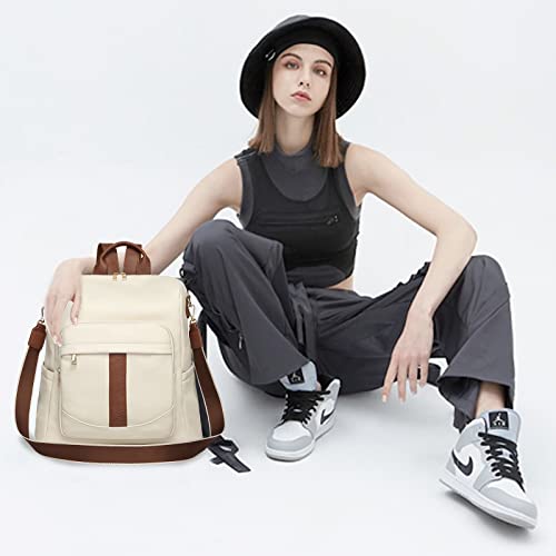 seyfocnia Backpack Purse for Women, Fashion Waterproof PU Leather Satchel Bag Shoulder Handbags, Ladies Convertible Casual Travel Bag, White Brown