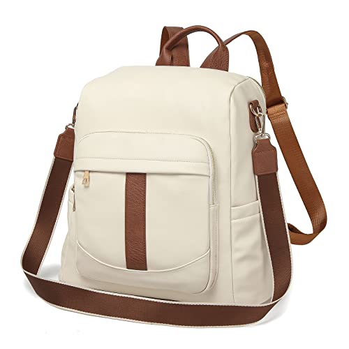 seyfocnia Backpack Purse for Women, Fashion Waterproof PU Leather Satchel Bag Shoulder Handbags, Ladies Convertible Casual Travel Bag, White Brown