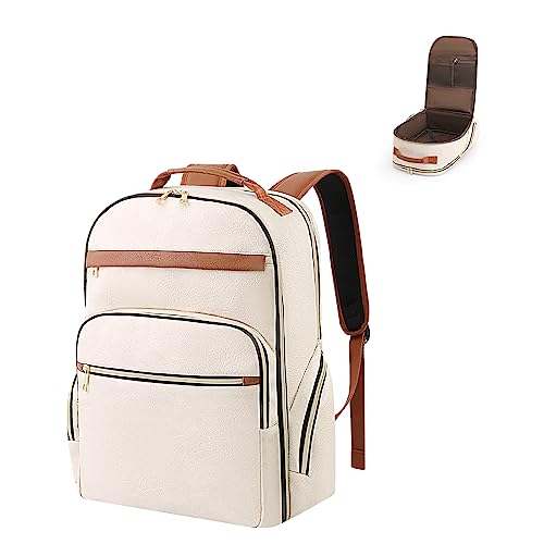seyfocnia Travel Laptop Backpack for Women, Carry On Work Computer Backpack Flight Approved 17.3 Inch Laptop Bag with USB Charging Port Backpack Casual Daypack Backpacks (White Brown)