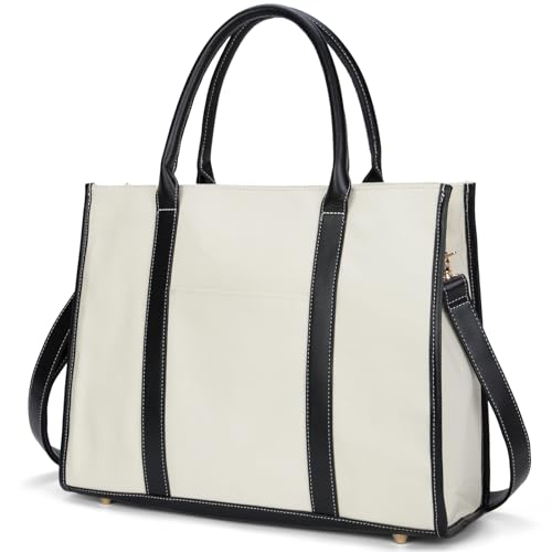 Laptop Bag for Women 15.6 inch Lightweight Canvas Laptop Tote Bag, Large Capacity Computer Bags Women Business Office Work Bag Briefcase(White & Black)…