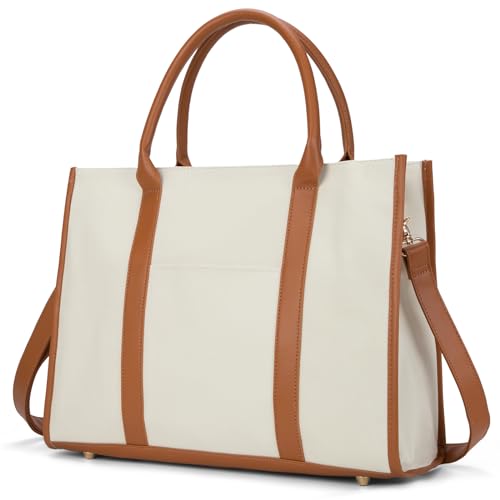 Laptop Tote Bag for Women 15.6 inch Lightweight Canvas Laptop Bag, Large Capacity Computer Bags Women Business Office Work Bag Briefcase(White & Brown)…