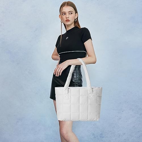 Puffer Tote Bag Lightweight Quilted Puffy Tote Bag Soft Down Cotton Padded Shoulder Bag Quilted Bag for Womens Handbag White