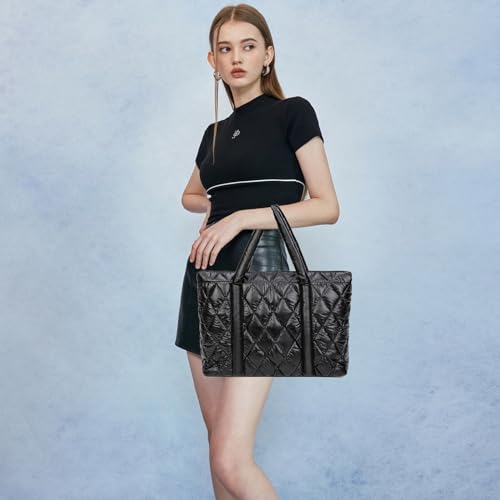Puffer Tote Bag Lightweight Quilted Puffy Tote Bag Soft Down Cotton Padded Shoulder Bag Quilted Bag for Womens Handbag Black