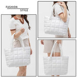 Puffer Tote Bag Lightweight Quilted Puffy Tote Bag Soft Down Cotton Padded Shoulder Bag Quilted Bag for Womens Handbag White