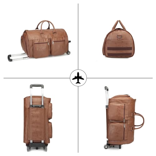Rolling Garment Bags for Travel,Convertible Duffle Garment Bag Roller Bags for Travel Carry on Garment Bag with Wheels Luggage Rolling Weekender Roller Duffle Bags for Travel-Brown
