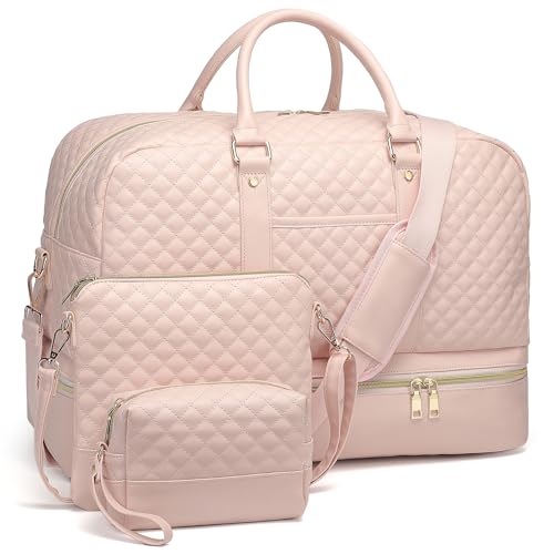 Travel Duffle Bag,Sports Bag 3Pcs Set Carry On Duffel Bag with Shoe Compartment Hospital Bag Workout Bag Personal Item Bag for Airlines Yoga Bag for Women,Pink