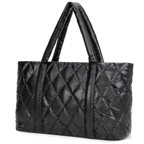 Puffer Tote Bag Lightweight Quilted Puffy Tote Bag Soft Down Cotton Padded Shoulder Bag Quilted Bag for Womens Handbag Black