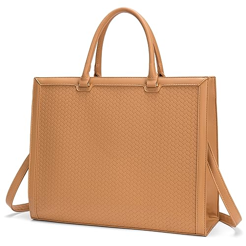 Laptop Bag for Women,PU Leather 15.6 inch Laptop Tote Bag Large Capacity Computer Briefcase for Work Business Office Bag Handbag Shoulder Bag for Women-Light Brown