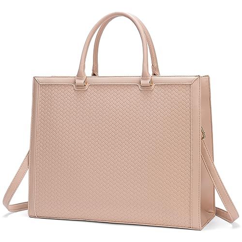 Large Laptop Bag for Women,15.6 inch Laptop Tote Bag Computer Briefcase for Work Business Office Bag, PU Leather Handbag Shoulder Bag for Women- Pink