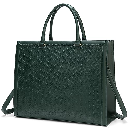 15.6 inch Laptop Tote Bag for Women, PU Leather Laptop Work Bag Large Capacity Computer Briefcase for Business Office Bag Handbag Shoulder Bag for Women- Black Green