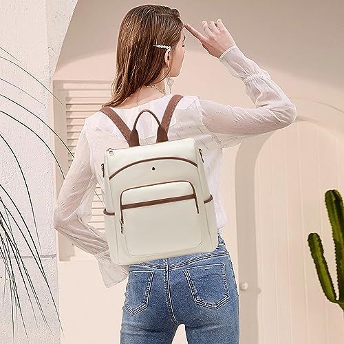 seyfocnia Backpack Purse for Women, Fashion Backpack Convertible Design Satchel Handbags Shoulder Bag with Laptop Compartment Travel Carry on Backpack, White Brown