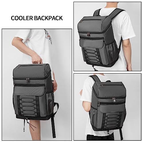 Insulated Cooler Backpack, Waterproof Backpack Cooler Leakproof Insulated Backpack Soft Cooler Bag Lightweight Portable Cooler for Lunch Camping Travel Beach Fishing Hiking Picnic Beer for Men, Grey