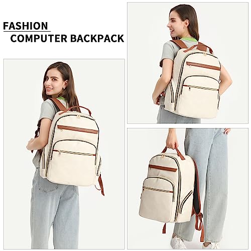 seyfocnia Travel Backpack for Women, 40L Carry On Backpack Airline Approved, 17.3 Inch Computer Laptop Bag Large Waterproof Personal Item Bag with USB Charging Port Work Backpacks (White Brown)