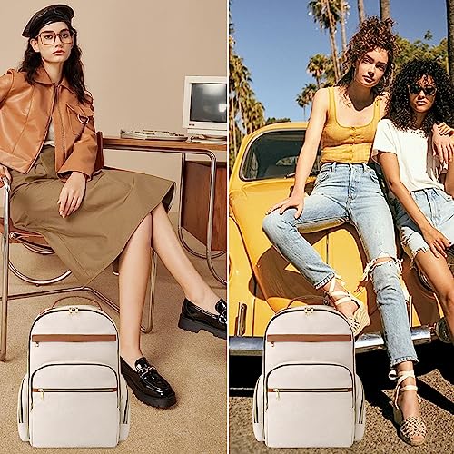 seyfocnia Travel Laptop Backpack for Women, Carry On Work Computer Backpack Flight Approved 17.3 Inch Laptop Bag with USB Charging Port Backpack Casual Daypack Backpacks (White Brown)
